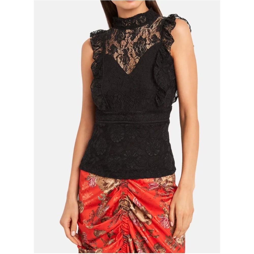 Nightcap Clothing Lace Top Womens XS Black Ruffle Mock Neck Open Back